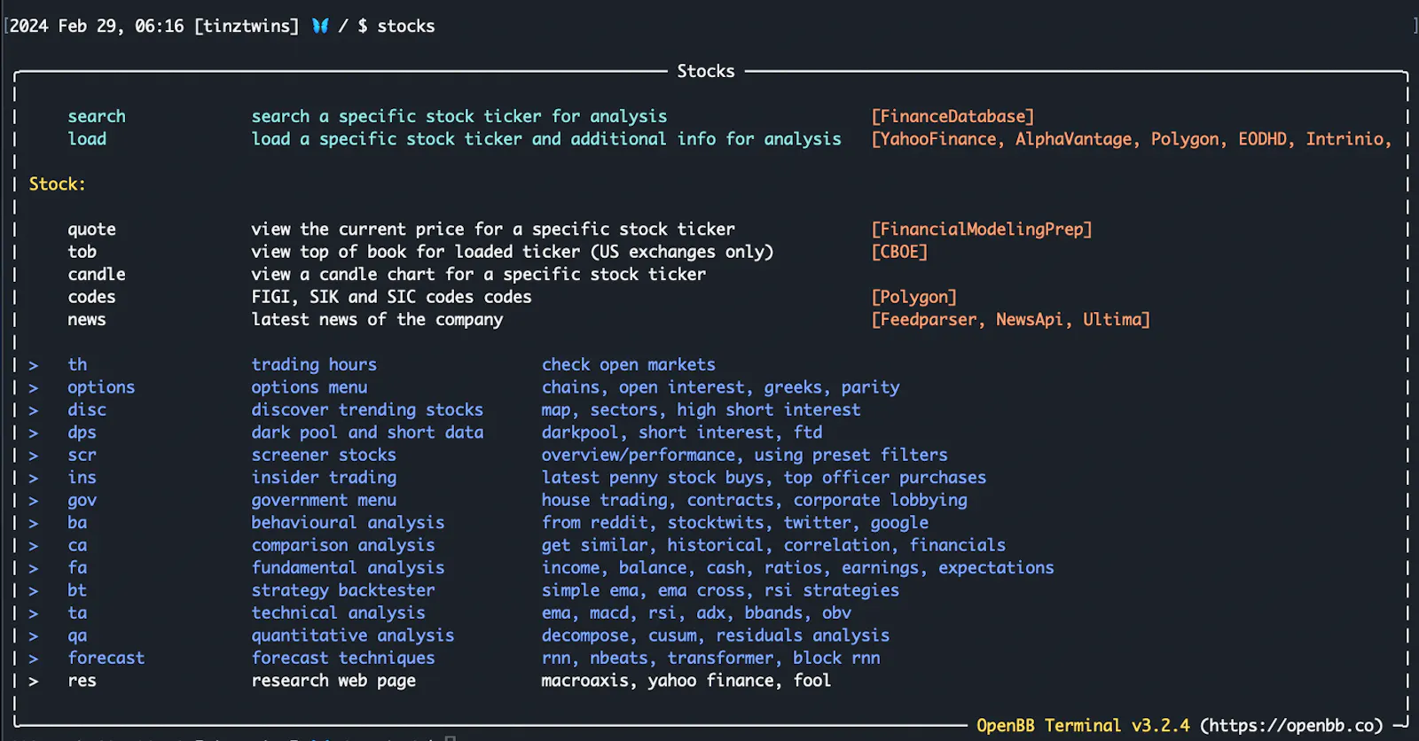 OpenBB Terminal Untermenü stocks (Screenshot der Autoren)