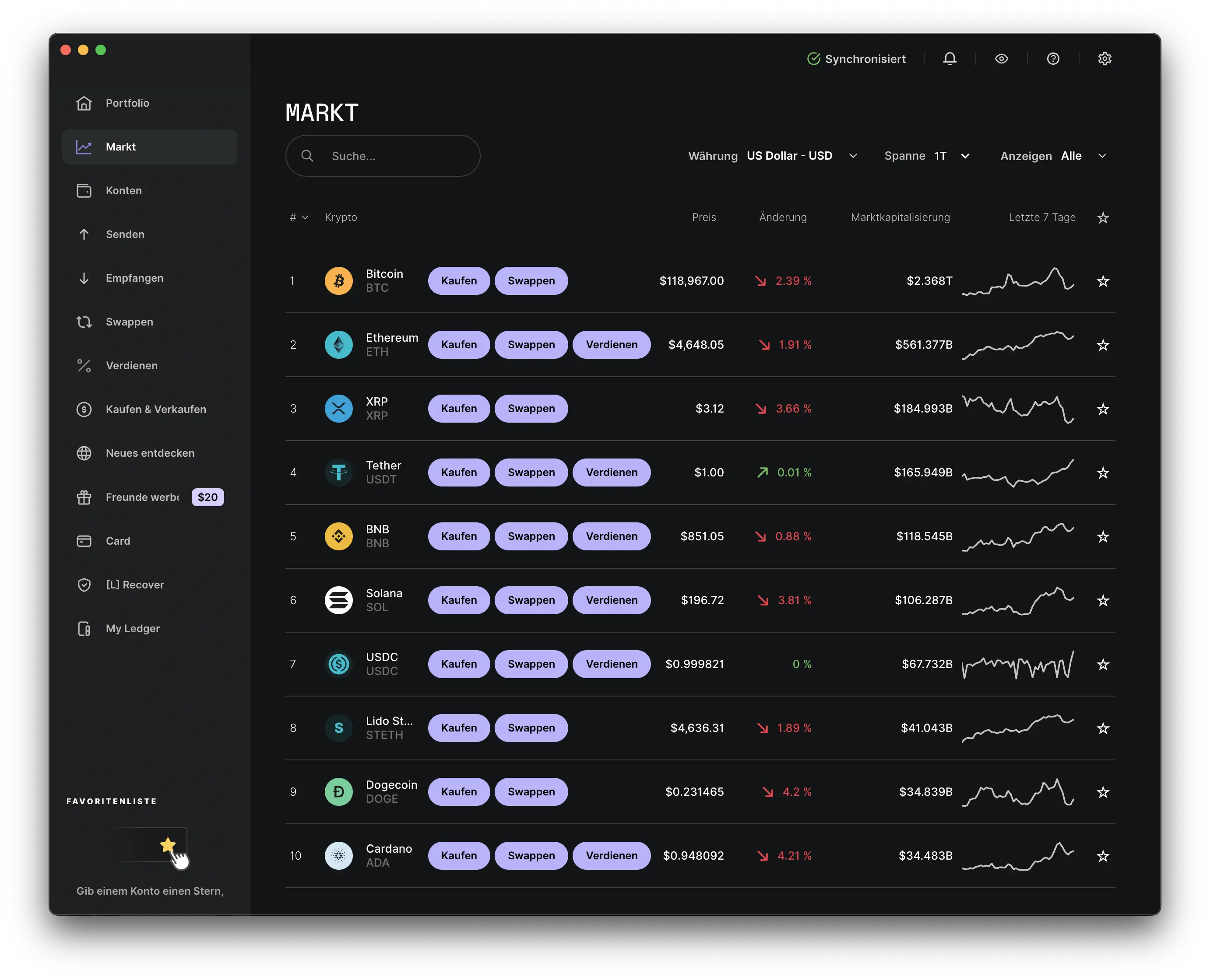 Markt-Übersicht in der Ledger Live App